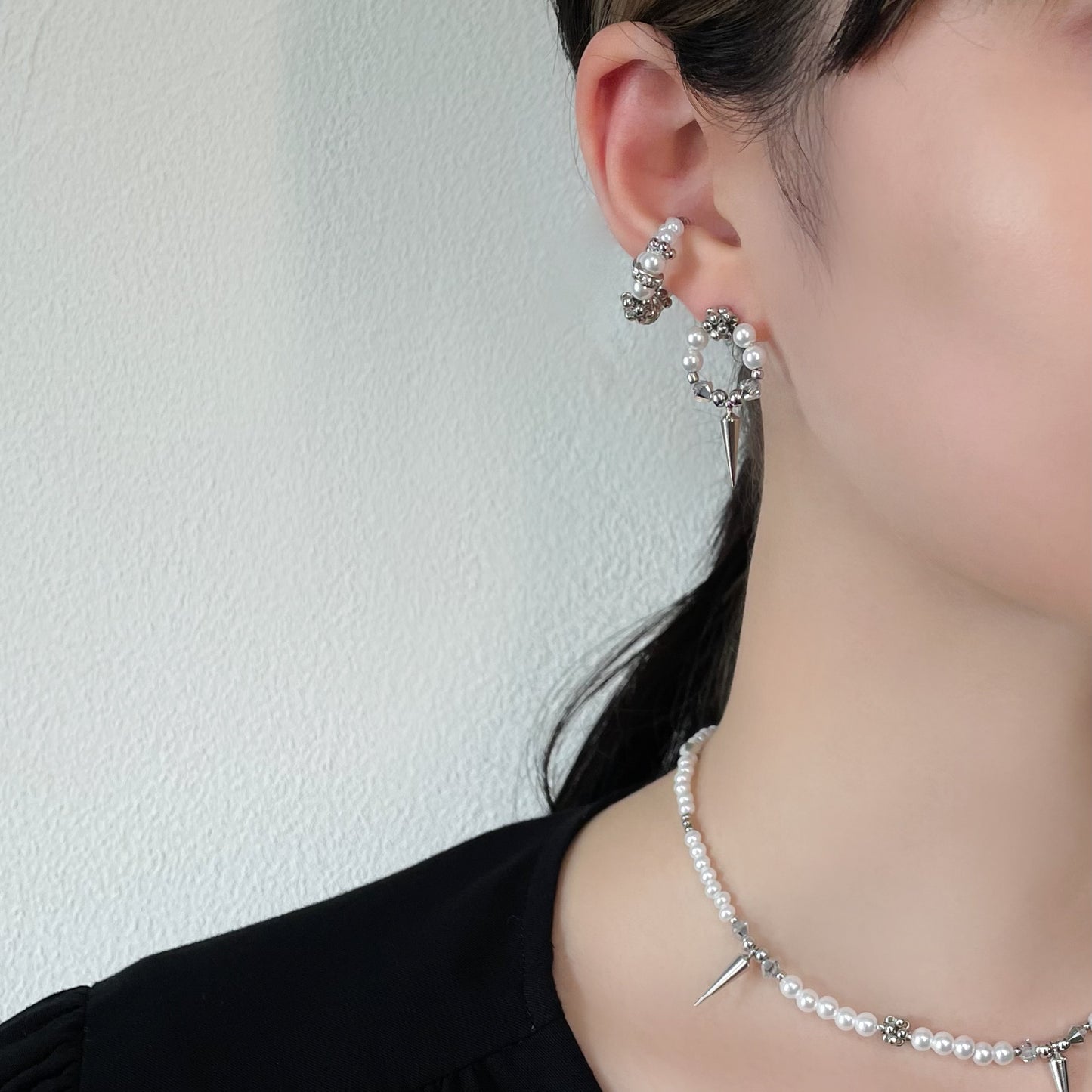 pearl double ear cuff (silver× white)