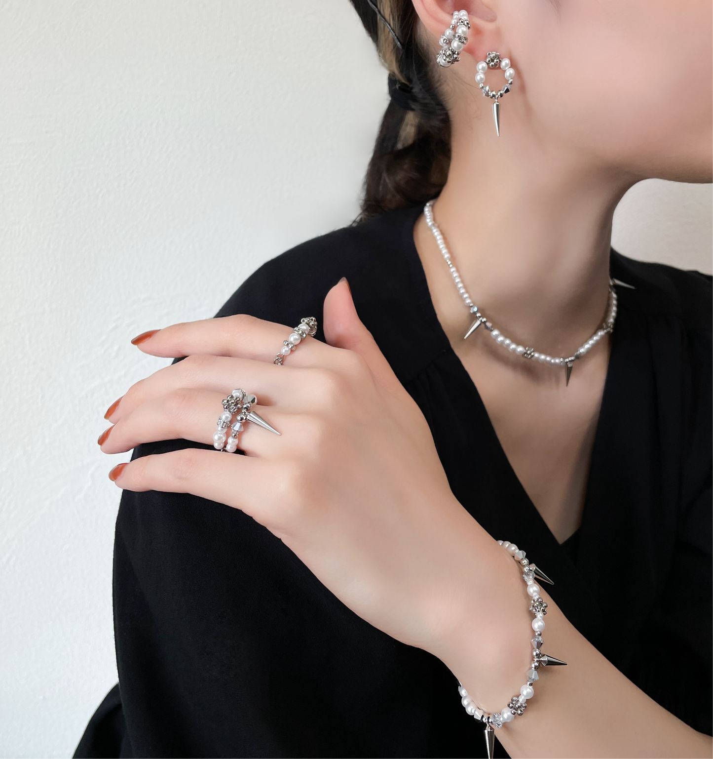 pearl double ear cuff (silver× white)