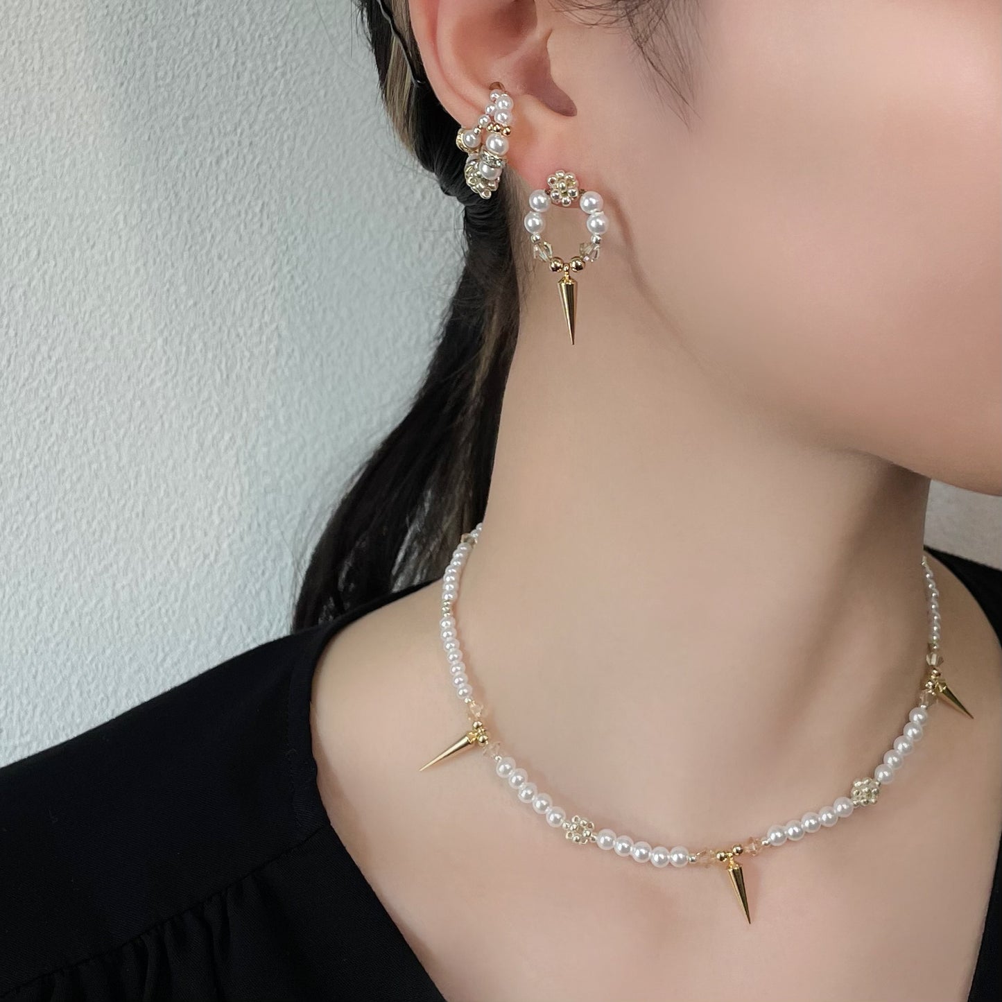 pearl double ear cuff (gold× white)