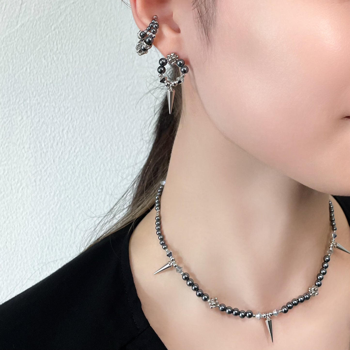 pearl double ear cuff (silver× black)