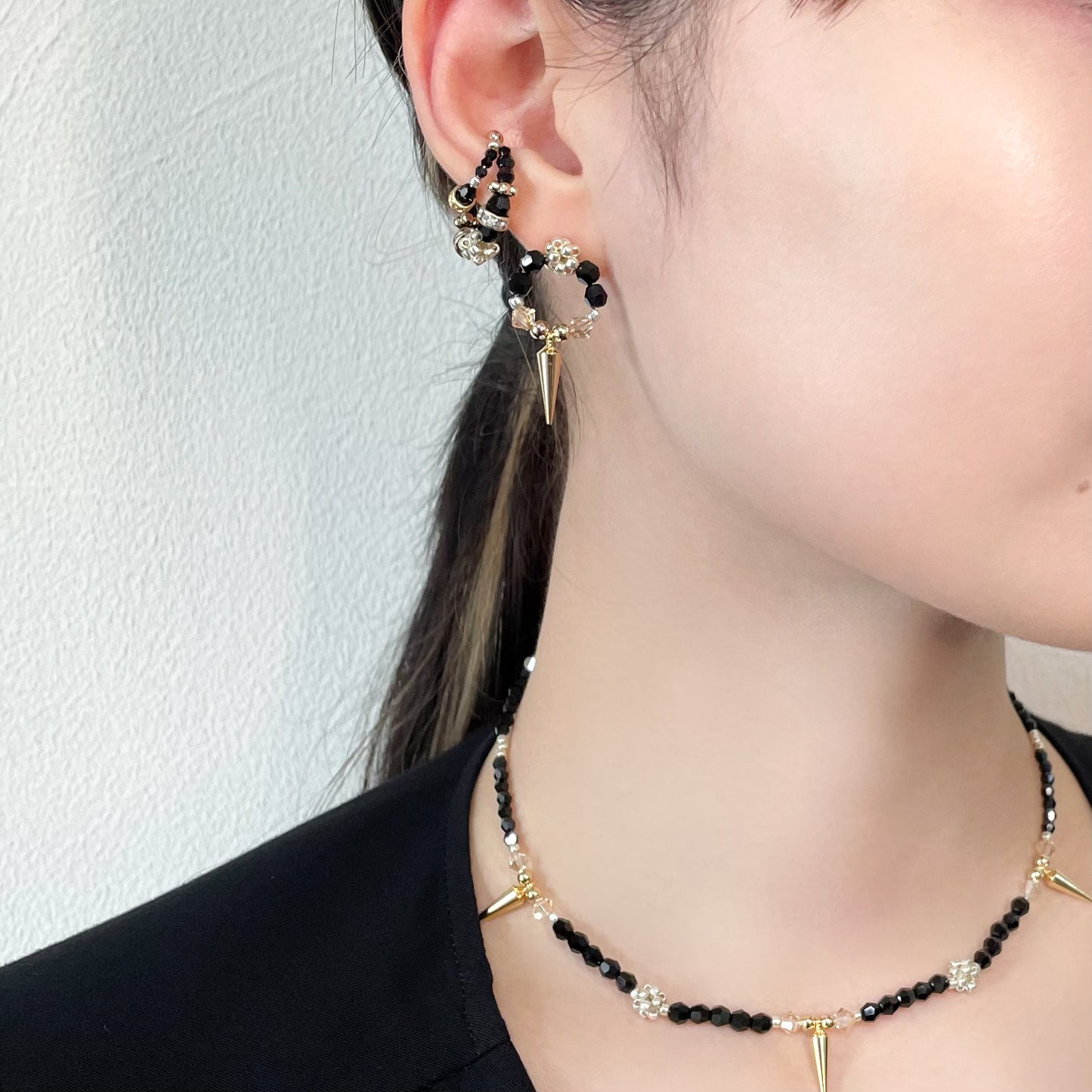 crystal double ear cuff (gold×black)