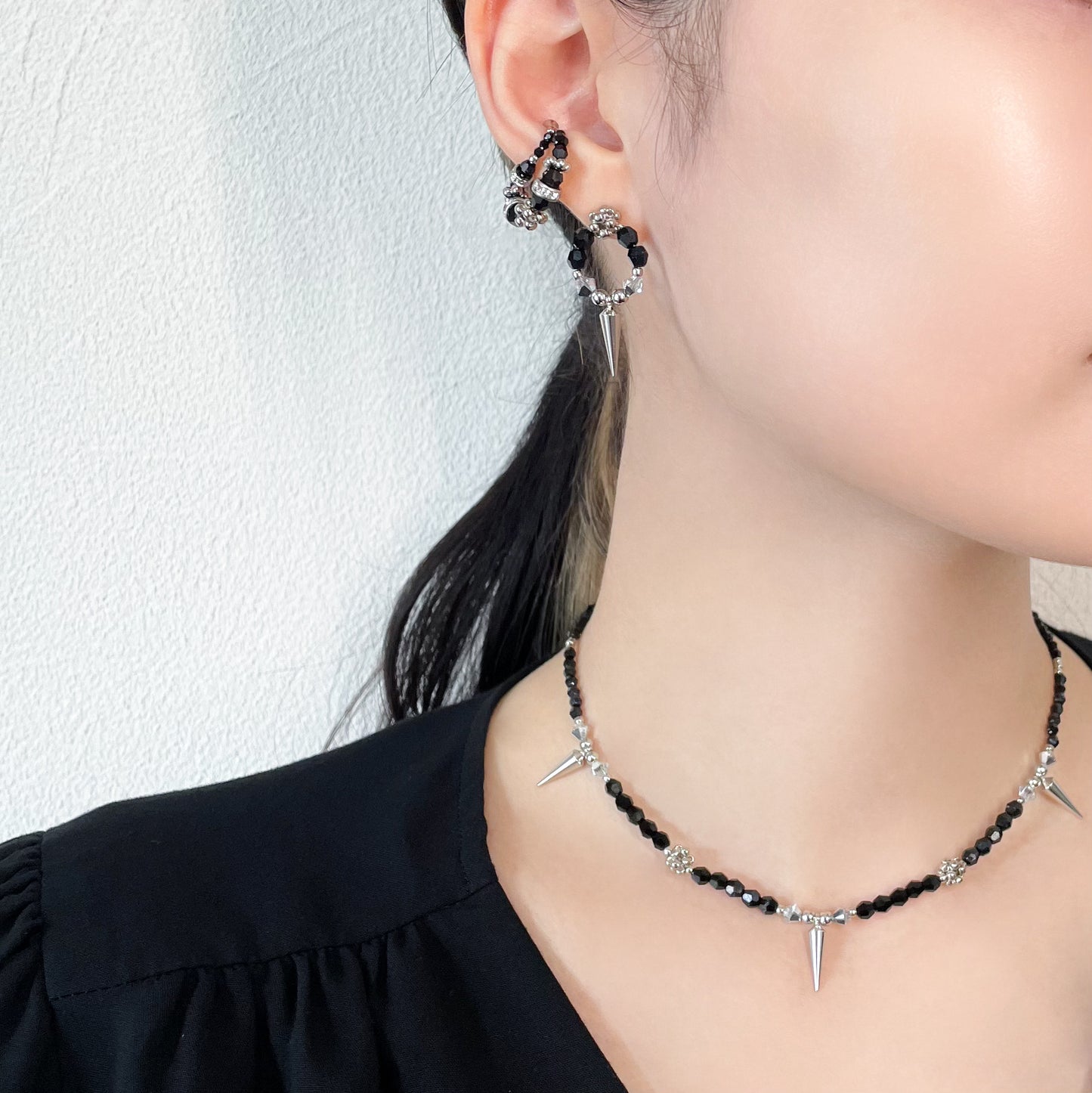 crystal double ear cuff (silver×black)